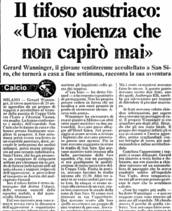 Ultras. Un articolo dell'Unità sul caso del tifoso austriaco Wanninger