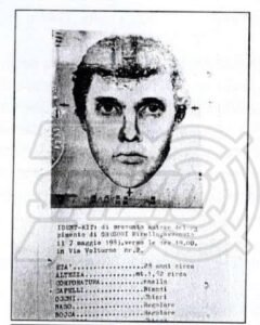 Caso Mirella Gregori. Identikit del biondo riccio comparso nel bar di via Volturno il 6 maggio 1983 secondo la descrizione fornita ai CC di Roma da Vittoria Arzenton - F. Rossi, "Mirella Gregori, la ragazza inghiottita dalla terra" pag. 67, Runa Editrice