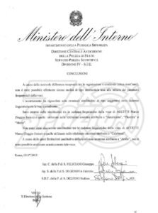 Casi Orlandi-Gregori. Marco Accetti. Relazione tecnica. Richiesta di confronto fonico — Conclusioni (Direzione Centrale Anticrimine della Polizia di Stato. Polizia scientifica, 3 luglio 2013)