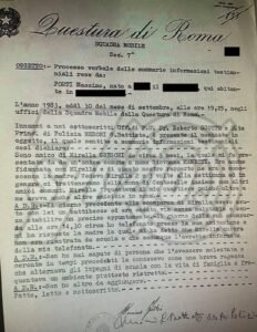 Scomparsa di Mirella Gregori. Verbale di Massimo Forti. Questura di Roma, squadra mobile, 30 settembre 1983