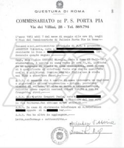 Scomparsa di Mirella Gregori. Denuncia di scomparsa di Mirella Gregori. Questura di Roma, 7 maggio 1983