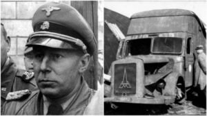Walther Rauff e un «Gaswagen», fotografato non lontano dal campo di sterminio di Chełmno, in Polonia
