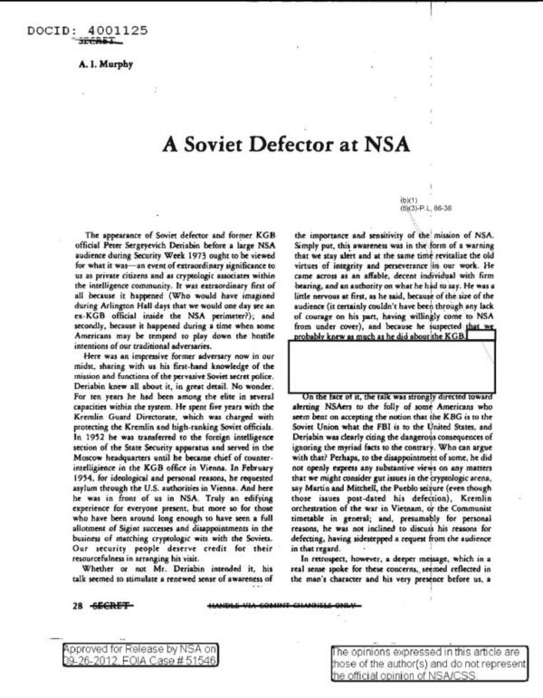 Documento NSA 1973 disertore KGB Deriabin prima pagina
