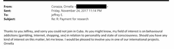 Email Ornella Corazza a Jeffrey Epstein del 24 novembre 2017 su possibili collaborazioni di ricerca