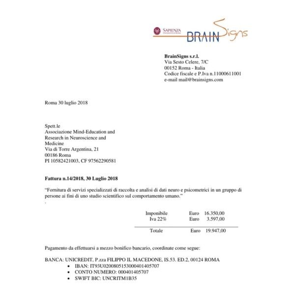 Fattura BrainSigns a Mind Education del 30 luglio 2018 per servizi di analisi dati neuro e psicometrici