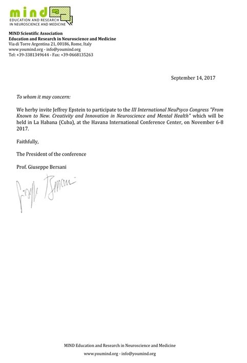Invito ufficiale a Jeffrey Epstein congresso NeuPsyco 2017 L’Avana accademia italiana