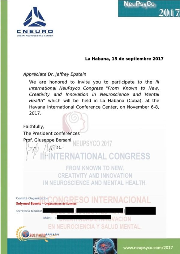 Invito ufficiale Cuban Neuroscience Center a Jeffrey Epstein congresso NeuPsyco 2017 L’Avana